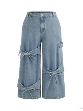 Women's Low Rise Wide Leg Bow Detail Non-Stretch Denim Jeans